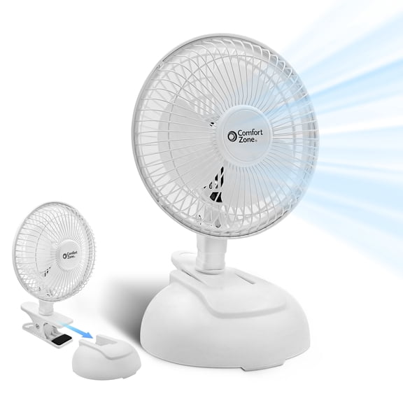 Comfort Zone 6" Personal Clip or Desk Fan with Removable Base, Portable, Mini Bedroom Fan, 2 Speed, Strong Clamp, Firm Grip, Airflow 6.53 ft/sec, Ideal for Home, Bedroom, Dorm & Office, CZ6XMWT