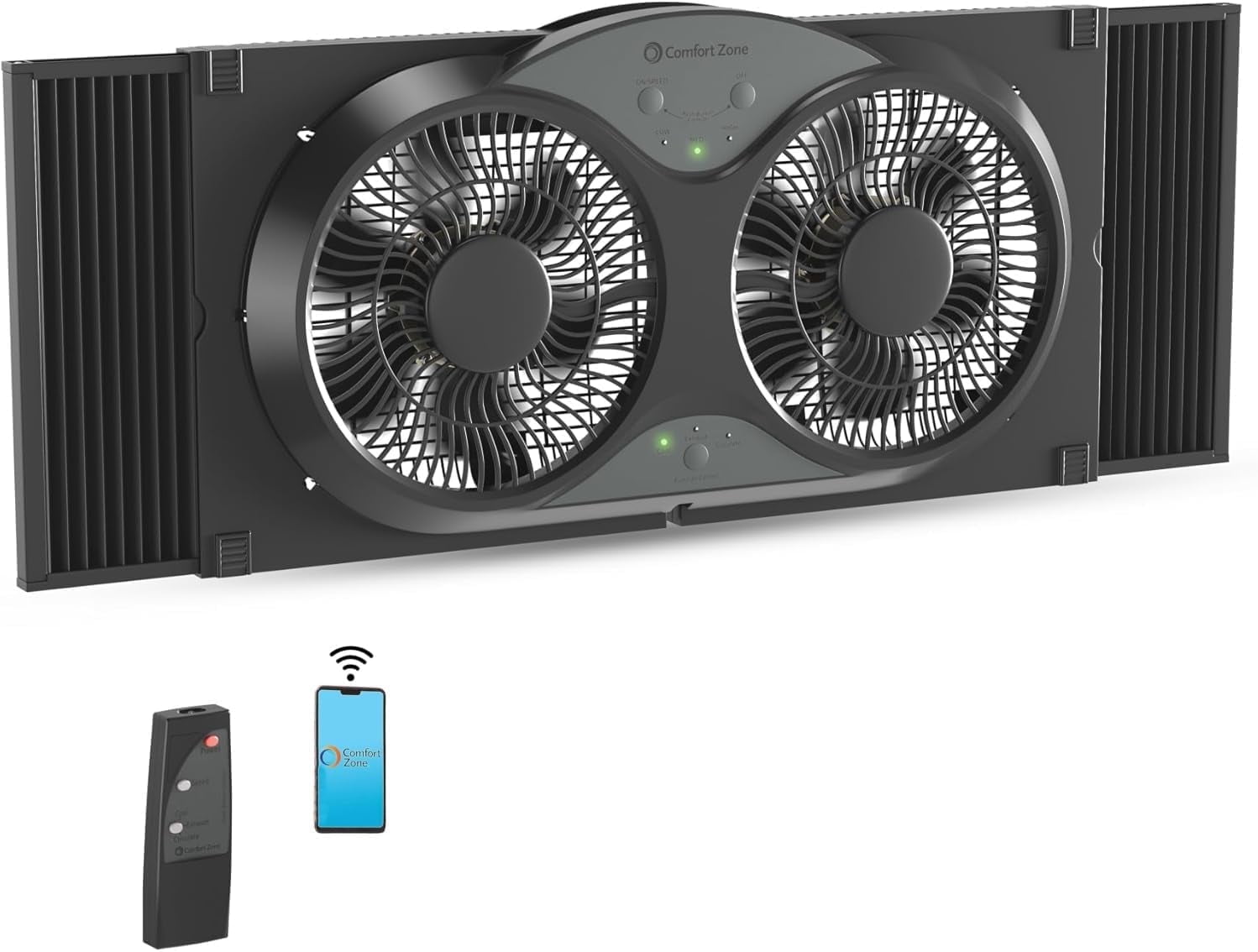 Comfort Zone 9" Smart Reversible Twin Window Fan with WiFi & Remote Control