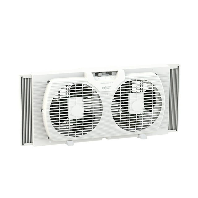 Comfort Zone 9" Twin Window Fan with Reversible Airflow Control, Auto-Locking Expanders and 2-Speed Fan Switch, White