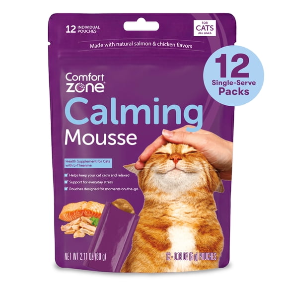 Comfort Zone Cat Calming Mousse;LickableCat Calming Supplement; Helps Support Calm for Everyday and Situational Stress; Drug-Free, Single-Serve Pouches (12 Count)