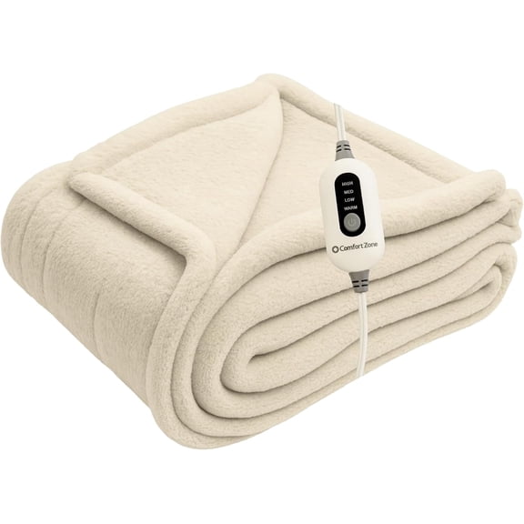 Comfort Zone Heated Blanket Electric Throw, Solid Pattern, Micro Plush Electric Blanket, Heating Blanket with 4 Heating Levels, 3H Timer, Auto Shutoff, Fast Heating (50x60 inches, Cream)