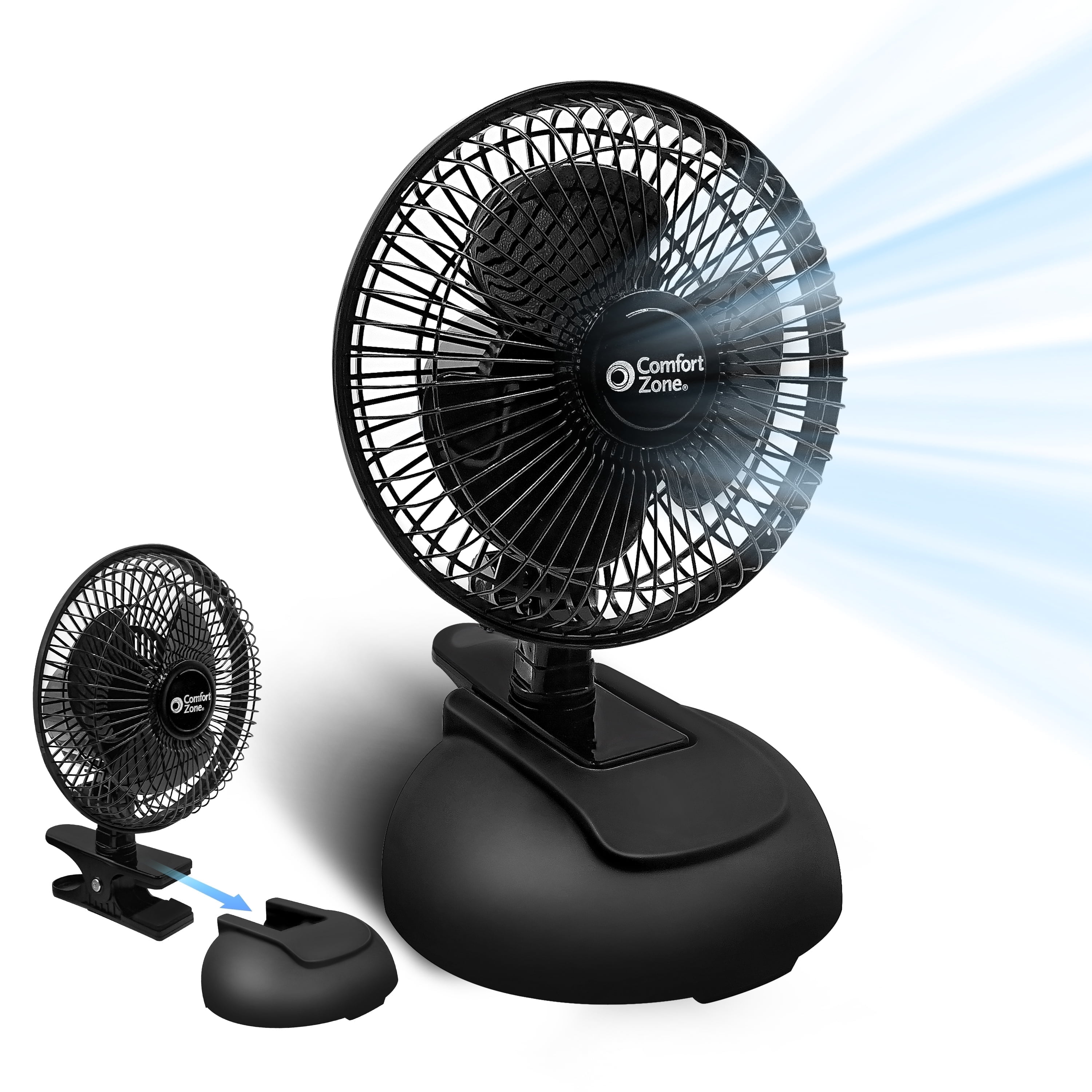 Black 6-Inch Two-Speed Clip or Desk Fan with Removable Base