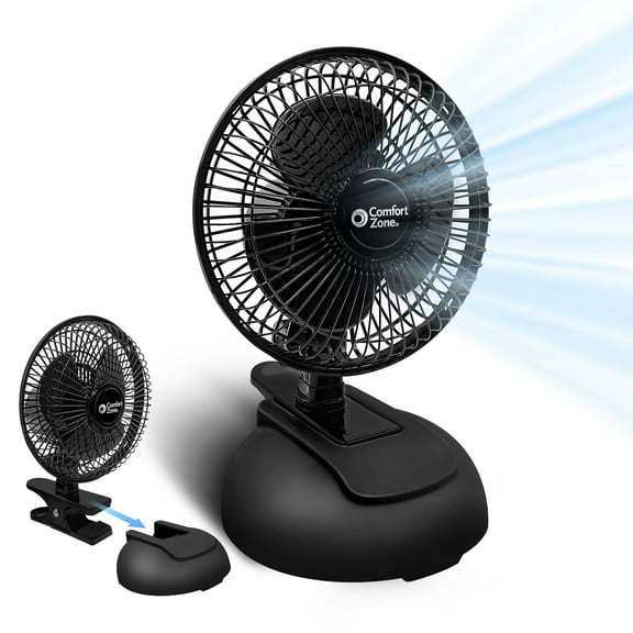 Comfort Zone Personal Clip or Desk Fan with Removable Base, Portable, Mini Bedroom Fan, 6 inch, 2 Speed, Strong Clamp, Firm Grip, Airflow 6.53 ft/sec, Ideal for Home, Bedroom, Dorm & Office, CZ6XMBK