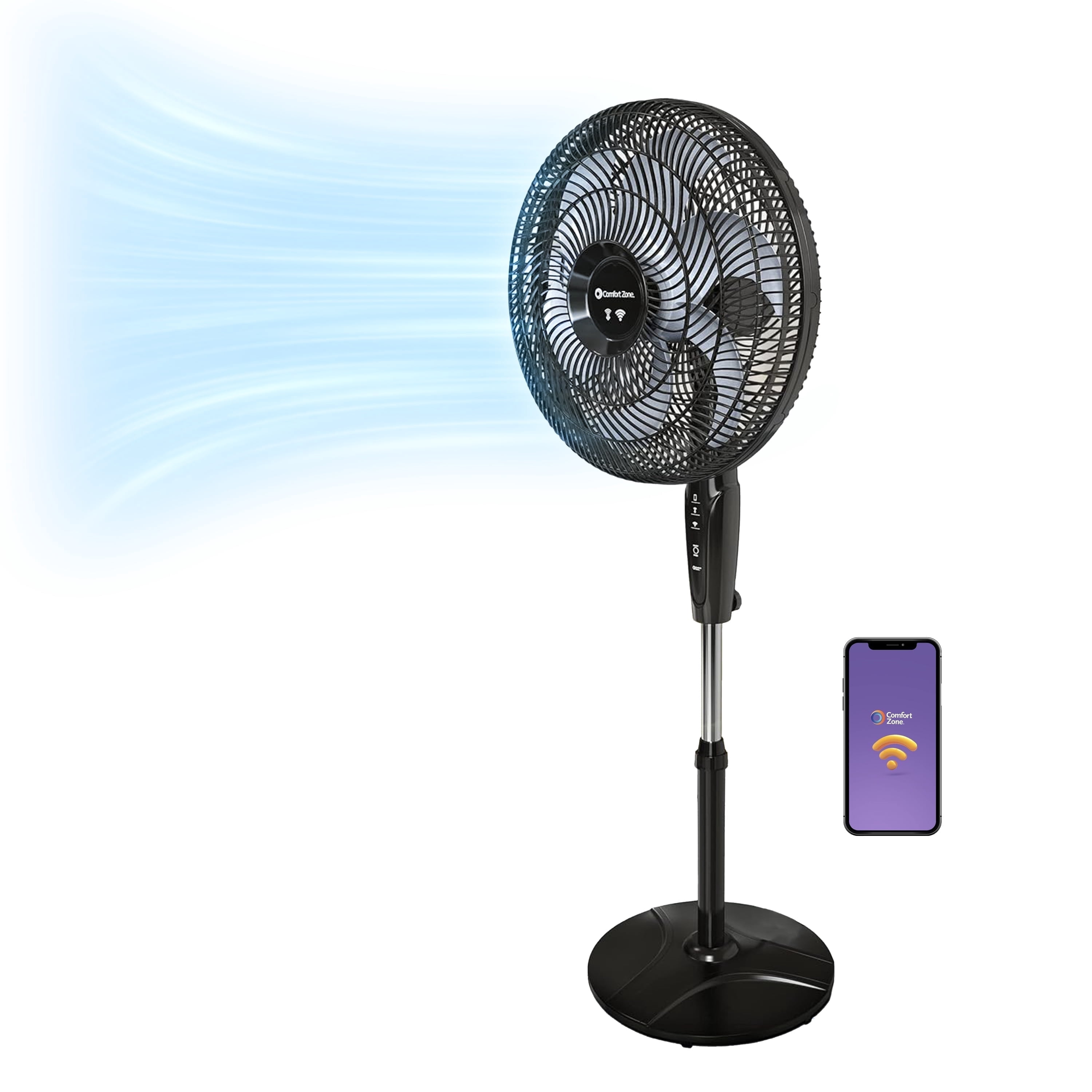 Comfort Zone 18 in. Oscillating Stand Fan, Adjustable Height, Tilt, Wi-Fi