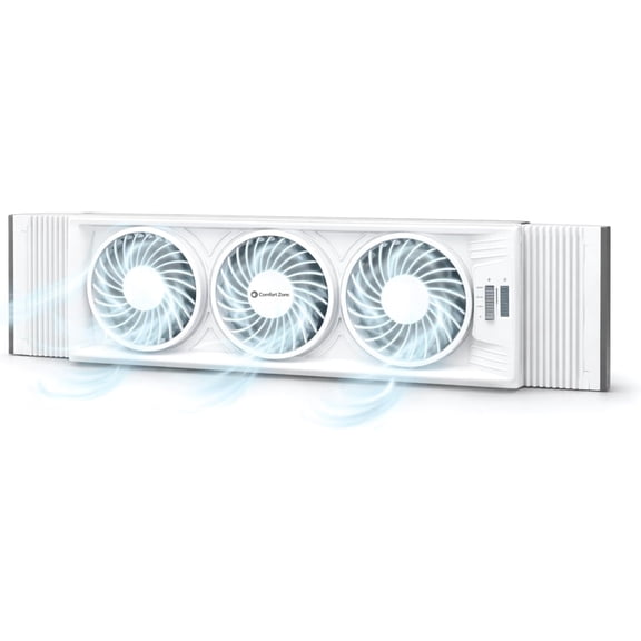 Comfort Zone Triple Window Fan with Adjustable Thermostat | 3-Speed High-Velocity Cooling | Horizontal or Vertical Manual Control | Fits Double Hung Windows (Min 25" x 8") | Fully Assembled | White