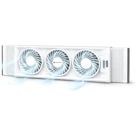 Comfort Zone Triple Window Fan with Adjustable Thermostat | 3-Speed High-Velocity Cooling | Horizontal or Vertical Manual Control | Fits Double Hung Windows (Min 25" x 8") | Fully Assembled | White