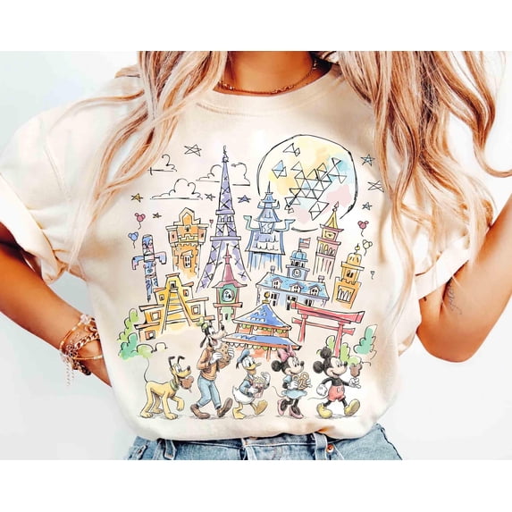 Comfort color Mickey & Friends Disney Epcot Shirt, Epcot World Tour 2026, Disneyland Family Vacation, Snacks Drinking Around The World Shirt