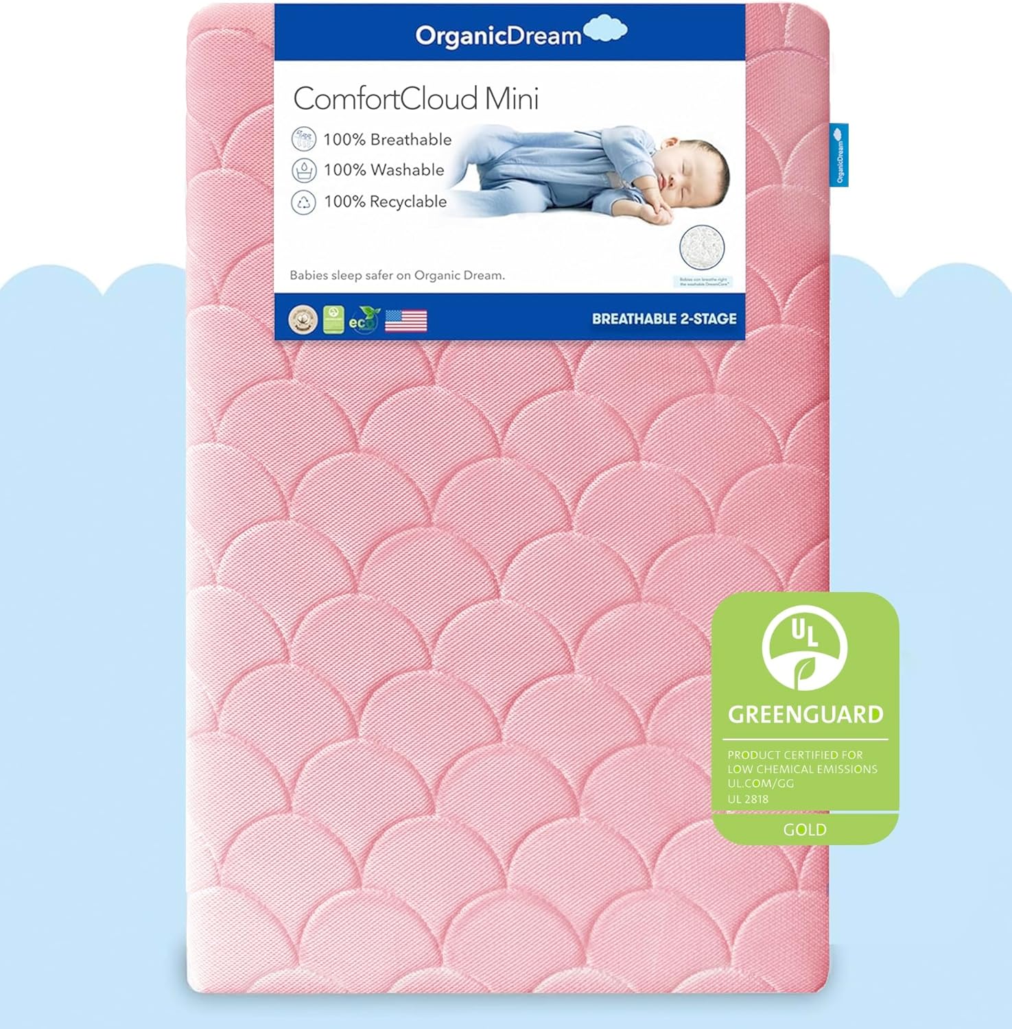 View of ComfortCloud Mini Crib Mattress in Pink I 100% Breathable Proven to ...