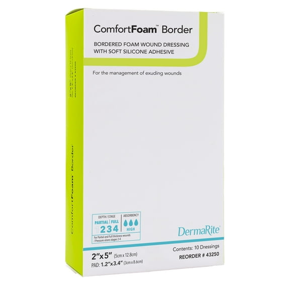 ComfortFoam Border Foam Dressing 2 X 5 Inch Rectangle Polyurethane Foam 43250 10 per Box