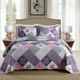 ComfortLiving 3 Piece Purple Quilted Bedspread Set King Size Floral