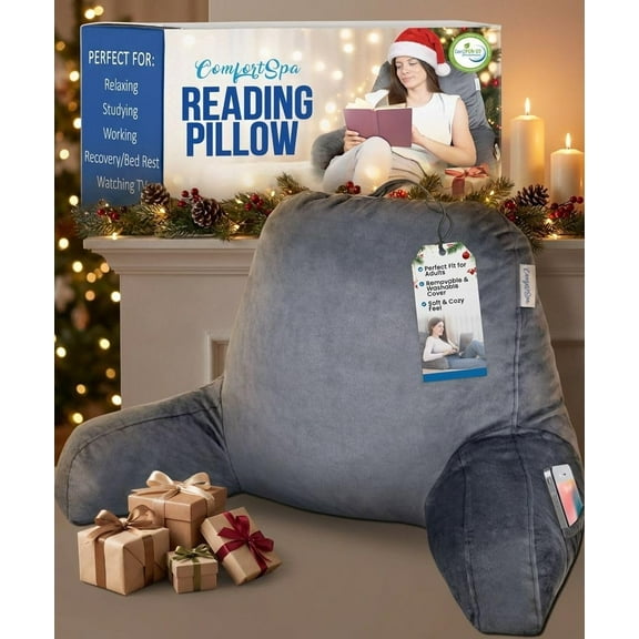 ComfortSpa Reading Pillow for Bed Adult Size, Back Rest Pillow with Arms, Pockets and Washable Cover; Use as a Back Pillow for Sitting in Bed for Bedrest or Relief from GERD Heartburn, Grey, Large