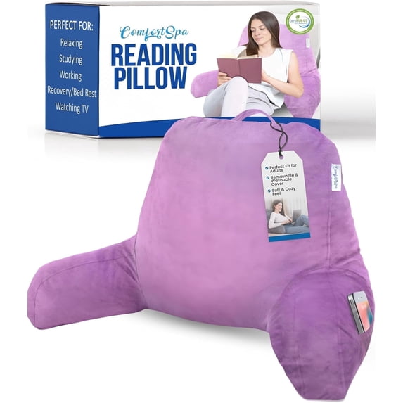 ComfortSpa Reading Pillow for Bed, Backrest Pillows with Arms Pockets, 19" Tall, Lavender, Large, 1 Pack