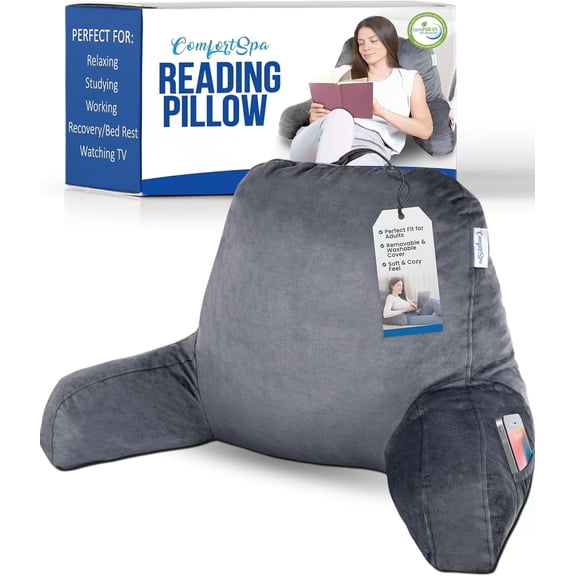 ComfortSpa Reading Pillow for Bed With Washable Cover, Relief from GERD Heartburn, Grey, Large