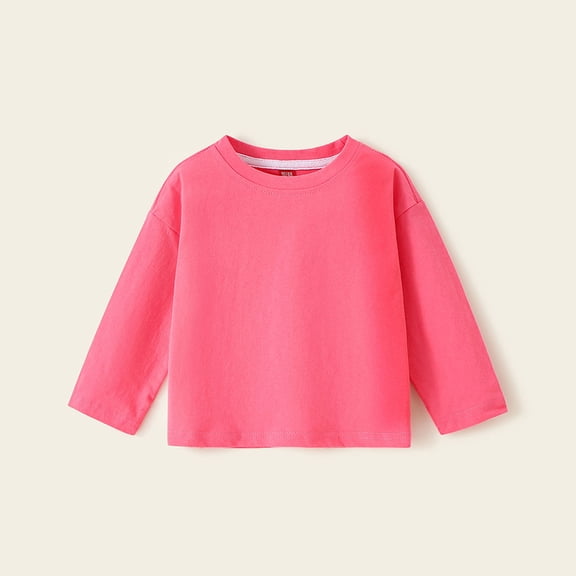 Comfortable 100% Cotton Girls Long Sleeve Crewneck Tee, Solid Hot Pink Relaxed Fit Kids Shirt for Play, School & Layering (Ages 1-8),Size 5-6T
