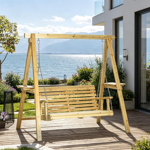 Comfortable 2-Seat Natural Wood Swing with Side Tables for Outdoor Relaxation