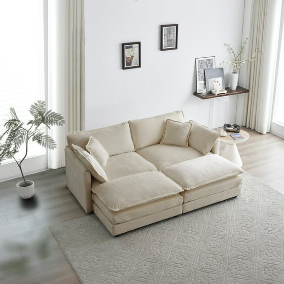 Comfortable 2 Seater With Ottomans And High Chenille Upholstery, Beige 4 Upholstered Sectional Ottomans, Fabric For Comfort