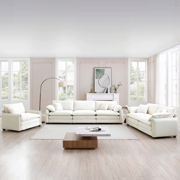 Comfortable 3-Piece Sectional Sofa: Beige Corduroy, Retro Design with Cloud-Like Comfort
