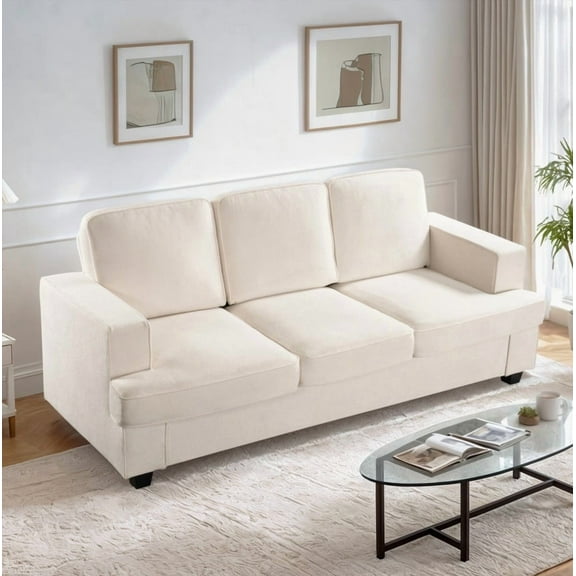 Comfortable 3 Seater Velvet Couch - Deep Seating & High-Density Foam, Loose Back Cushions, Wide Arms for Living Room, Apartment, Office, Ivory