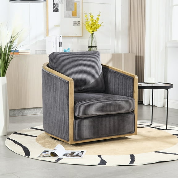 Comfortable 360 Degree Swivel Chair In Dark Gray Corduroy. Construction. Foam Cushioned Seat. Ideal For Living Room, Bedroom, Office, Nursery, Hotel Lounge Corduroy - Gray. Hotel, Nursery. Metal &
