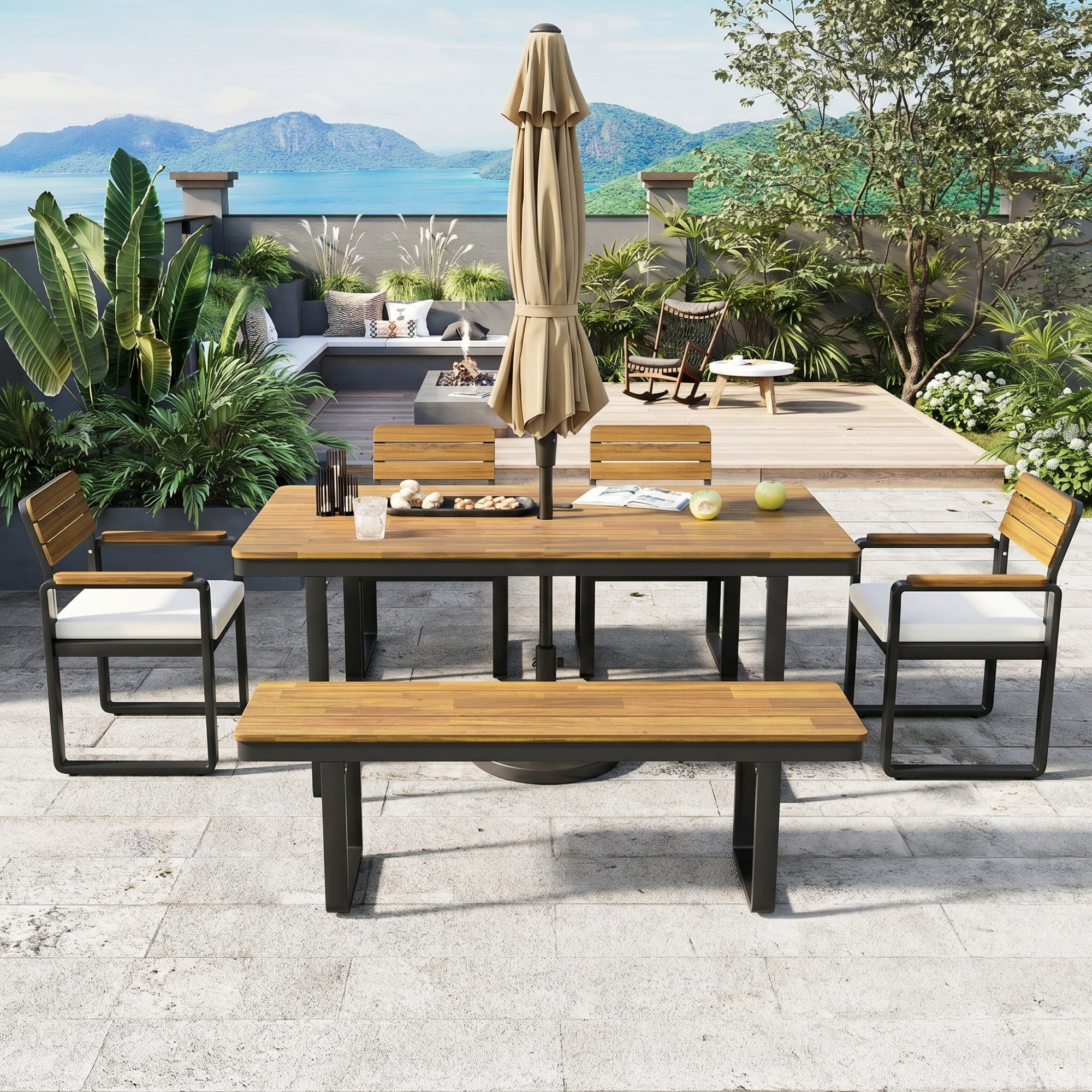 Comfortable 6-Piece Outdoor Acacia Wood Dining Set with 1 Table, 4 Chairs and 1 Bench, Plush Cushions and Adjustable Feet for Patio Garden Backyard, Beige