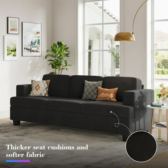 Fiona's 89" Black Magic Corduroy 3-Seater Deep-Seat Floor Couch | Reclining Sectional Futon Bed | Stylish Leather Home Theater Sofa for Game & Recreation Rooms