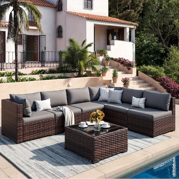 Comfortable 7-Piece Outdoor Patio Furniture Set Waterproof Rattan Sectional Sofa with Coffee Table Garden Seating