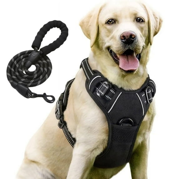 Comfortable Adjustable No Pull Dog Harness Black with 5ft Leash for Pets