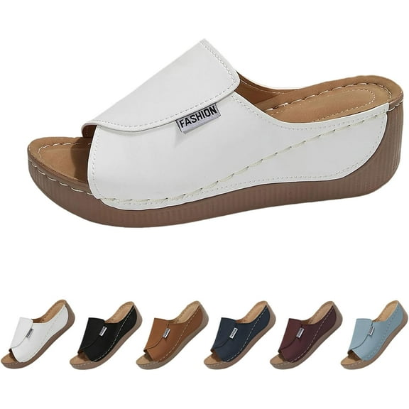 Comfortable Arch Support Slides Women's Solid Color Sandals Breathable Summer Orthotic Leather Platform Wedge Sandals Slip on Women All Day Walking Casual Sandal