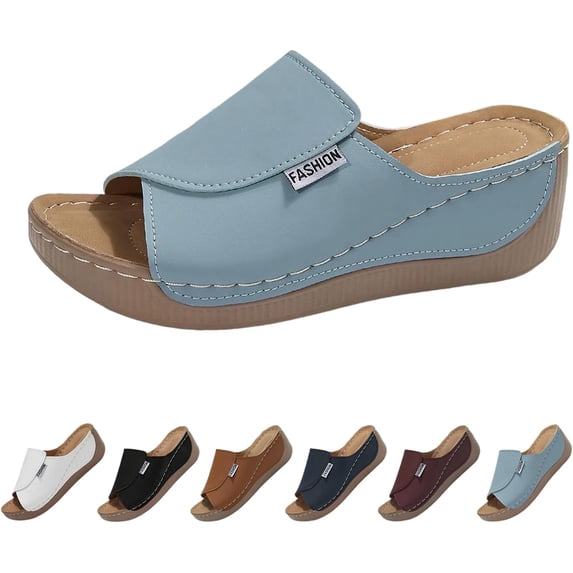 Comfortable Arch Support Slides Women's Solid Color Sandals Breathable Summer Orthotic Leather Platform Wedge Sandals Slip on Women All Day Walking Casual Sandal