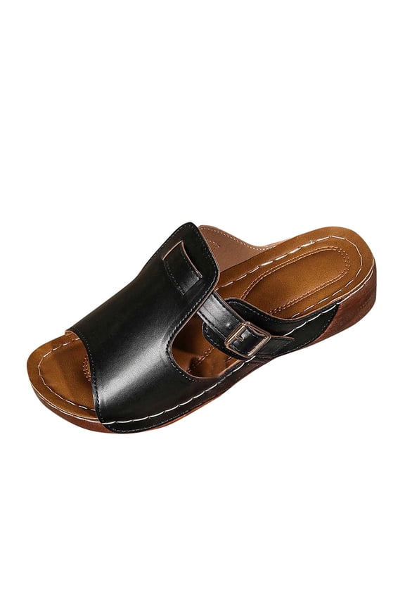 Comfortable Arch Support Slides Women's Solid Color Sandals Breathable Summer Orthotic Leather Platform Wedge Slip on All Day Walking Casual Damping Sole Stretch Lightweight Sandal