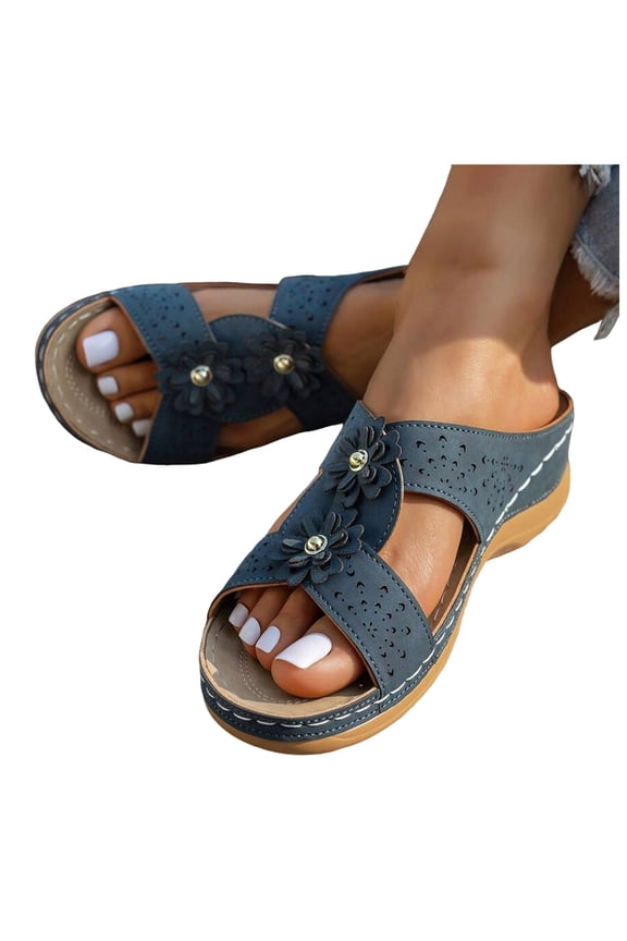 Comfortable Backless Wedge Sandals for Women Wide Toe Box Slip On Platform Sandal Non Slip Walking Slide Shoes Blue Size 7.5
