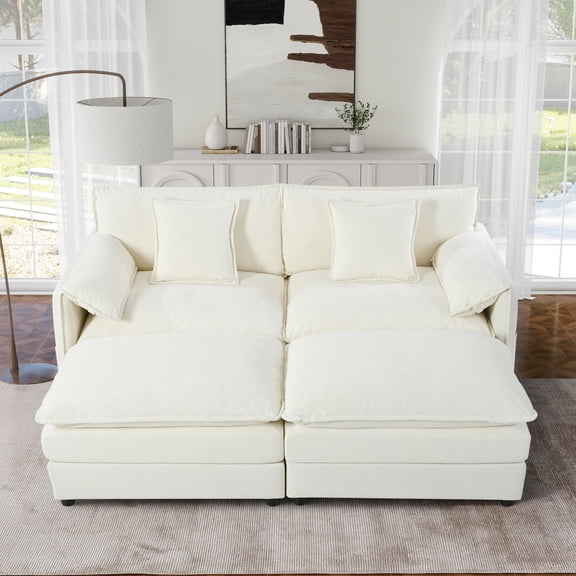 Comfortable Beige Sectional With 2 Ottomans & Soft Pillows. Deep Seat, Chenille Upholstery. Living Room, Apartment Fit Room Decor Fabric. Custom Assembly, Luxury
