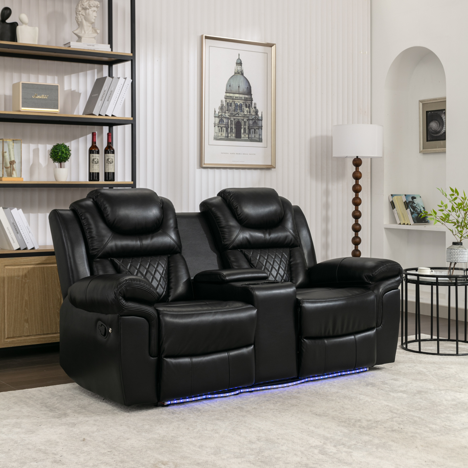 Comfortable Black Home Theater Seating Loveseat with Manual Recliner