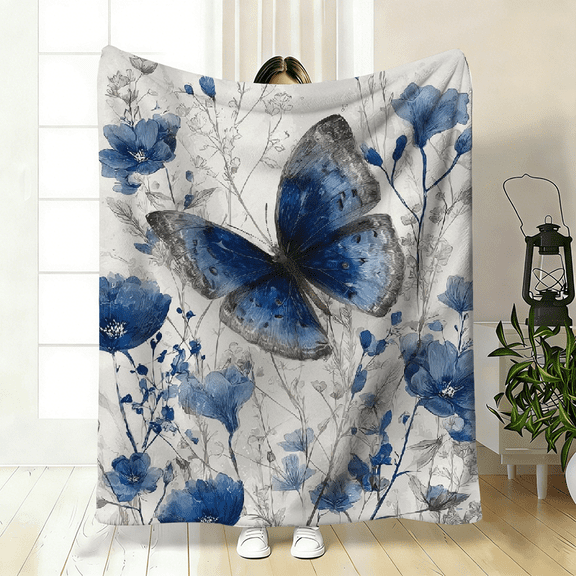 Comfortable Blue Butterfly Floral Pattern Flannel Blanket Soft High-Definition Digital Print  Blanket All-Season Use Soft Breathable Perfect Gift Ideal for Family and Friends.
