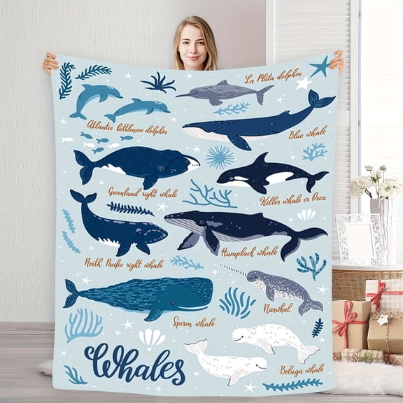 Comfortable Blue Whale Humpback Whale and Dolphin Soft Ocean Tranquility Atmosphere Theme Flannel Blanket Fashionable Soft Warm Gift for All Seasons Perfectly Suitable Sofa Bed Office Travel