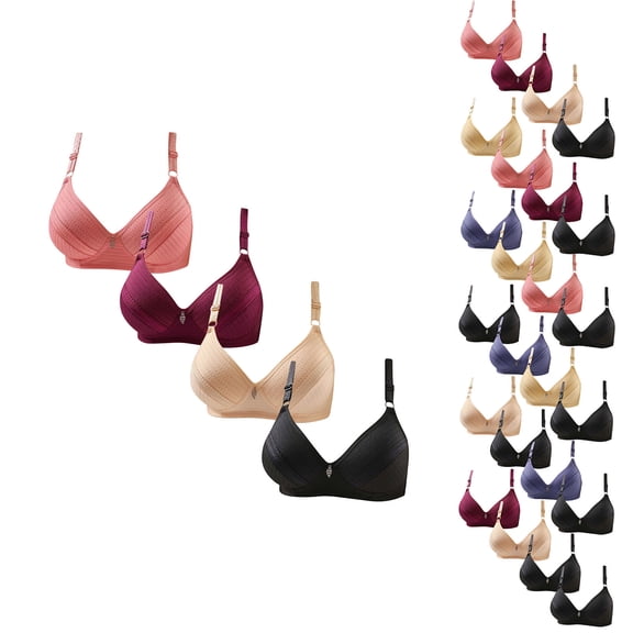 Comfortable Breathable No-Rim Women's Bra Underwear Set 4PC Adjustable Elastic Everyday Fashion Lingerie for All Seasons #Beige,L