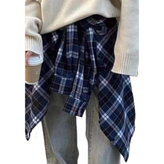 Comfortable Casual Shirt Women Plaid Shirt Autumn Plaid Print Lapel Shirt Loose Fit Single Breasted Women's Top with Patch (Dark Blue,M)