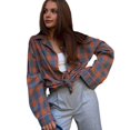 thumbnail image 1 of Comfortable Casual Shirt Women Plaid Shirt Autumn Plaid Print Lapel Shirt Loose Fit Single Breasted Women's Top with Patch (Orange,M), 1 of 7