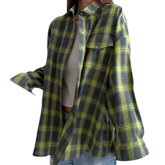 Comfortable Casual Shirt Women Plaid Shirt Autumn Plaid Print Lapel Shirt Loose Fit Single Breasted Women's Top with Patch (green,M)