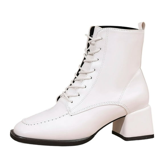 Xiaoxatg Comfortable Casual Women's Ankle Boots Stylish Lace Up Heel Short Booties for Everyday Wear and Work Events 9 White