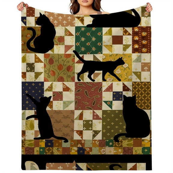 Comfortable Cat-Shaped Silhouette Quilted Blanket Soft Flannel, Modern Style, Suitable for All Seasons, Perfect Choice for Baking and Relaxing, Baking Blanket