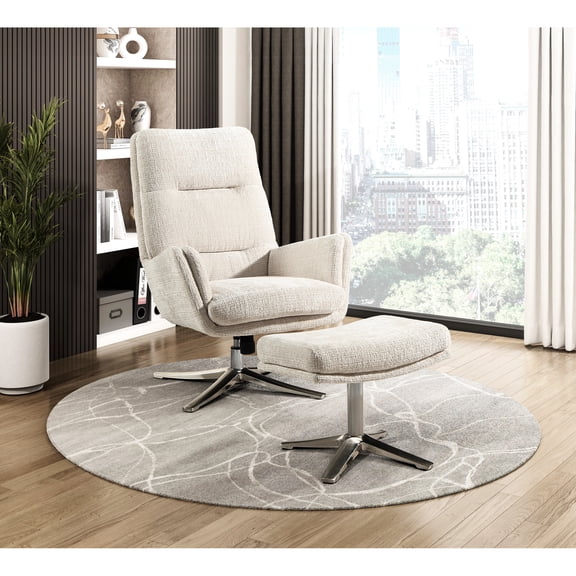 Comfortable Chenille Swivel Chair With In Beige, Plywood Structure, Silver Metal Base Beige , Construction, Shiny Finish