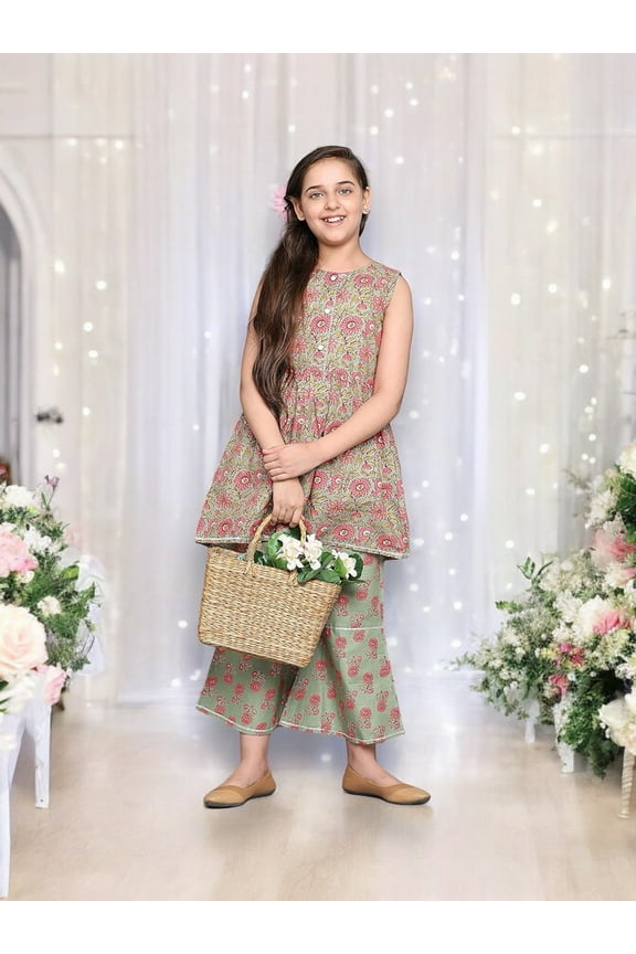 Traditional Cotton Kurti Set with Pant for Girls, Cultural Wear for Kids,03