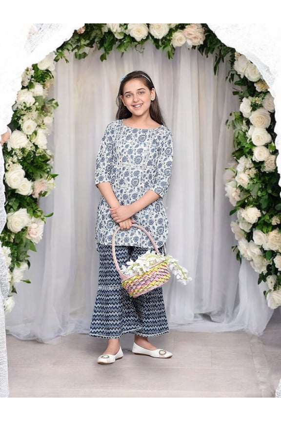 Traditional Cotton Kurti Set with Pant for Girls, Cultural Wear for Kids,02