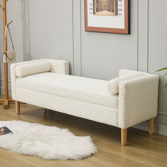 Comfortable Corduroy Storage Bench with Armrests and Two Bolster Pillows for Living Room or Bedroom, 65 "
