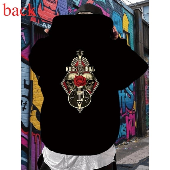 Comfortable Cotton Mens Rock Roll Skull Graphic Hoodie Casual Pullover Hooded long-sleeved Black S-2XL