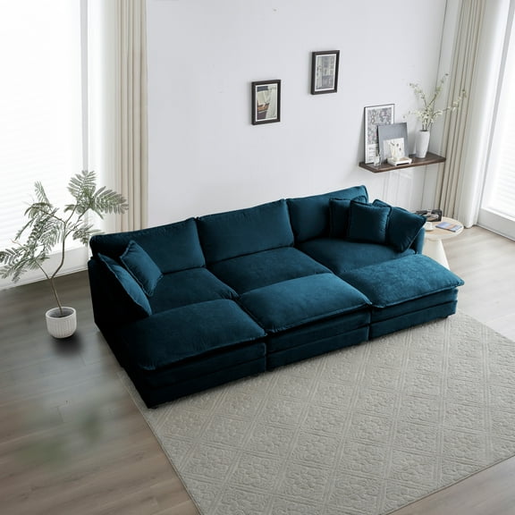 Comfortable Deep Seat Reversible Modular 6-Seater Sectional Super Soft Sofa, U Shaped Sectional Couch with 3 Ottomans, 3 Toss Pillows and 2 Arm Pillows, Blue Chenille