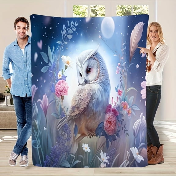 Comfortable Dream Forest White Owl and Flower Theme Pattern Printed Plush Blanket Fashionable Soft Warm Multifunctional Gift Print Blanket Suitable for All Seasons