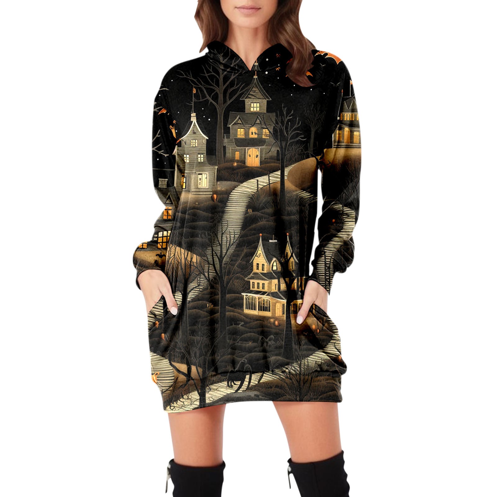 Comfortable Dress For Women Vintage Print Dress Long Sleeve Hoodies