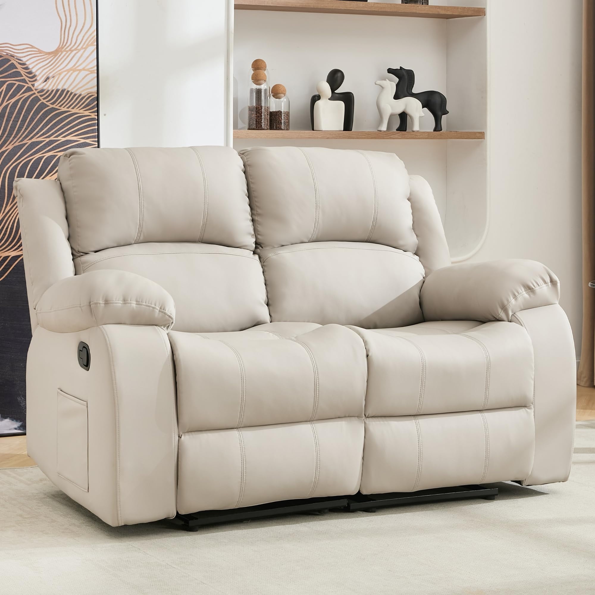 Comfortable Dual Reclining Leather Loveseat – Perfect for Couples, Ideal for Living Room & Home Theater (Beige)